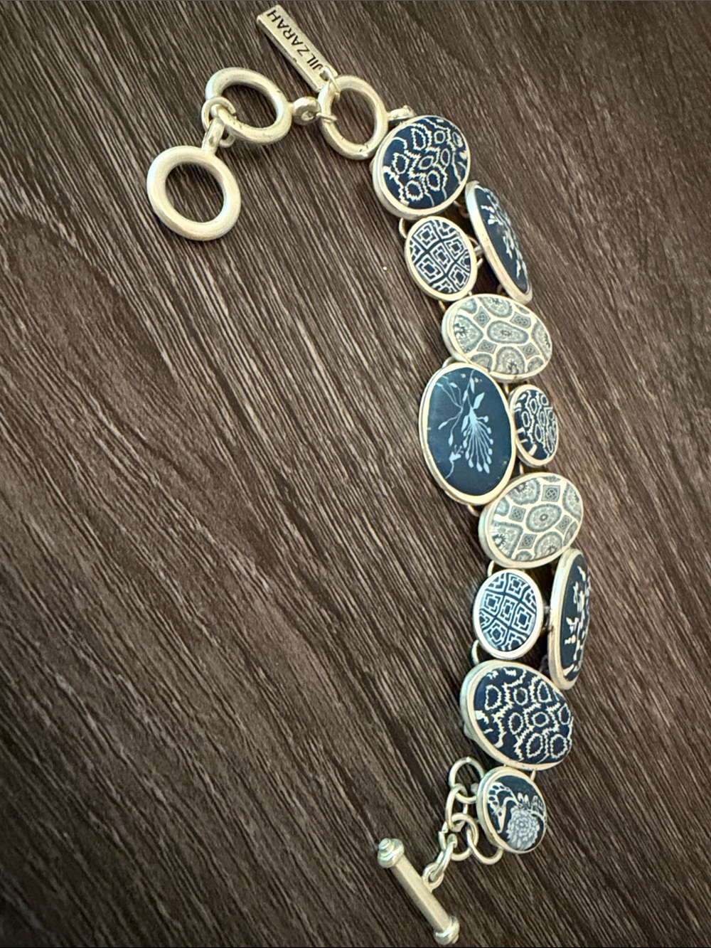Navy and Silver Patterned Disc Link Bracelet